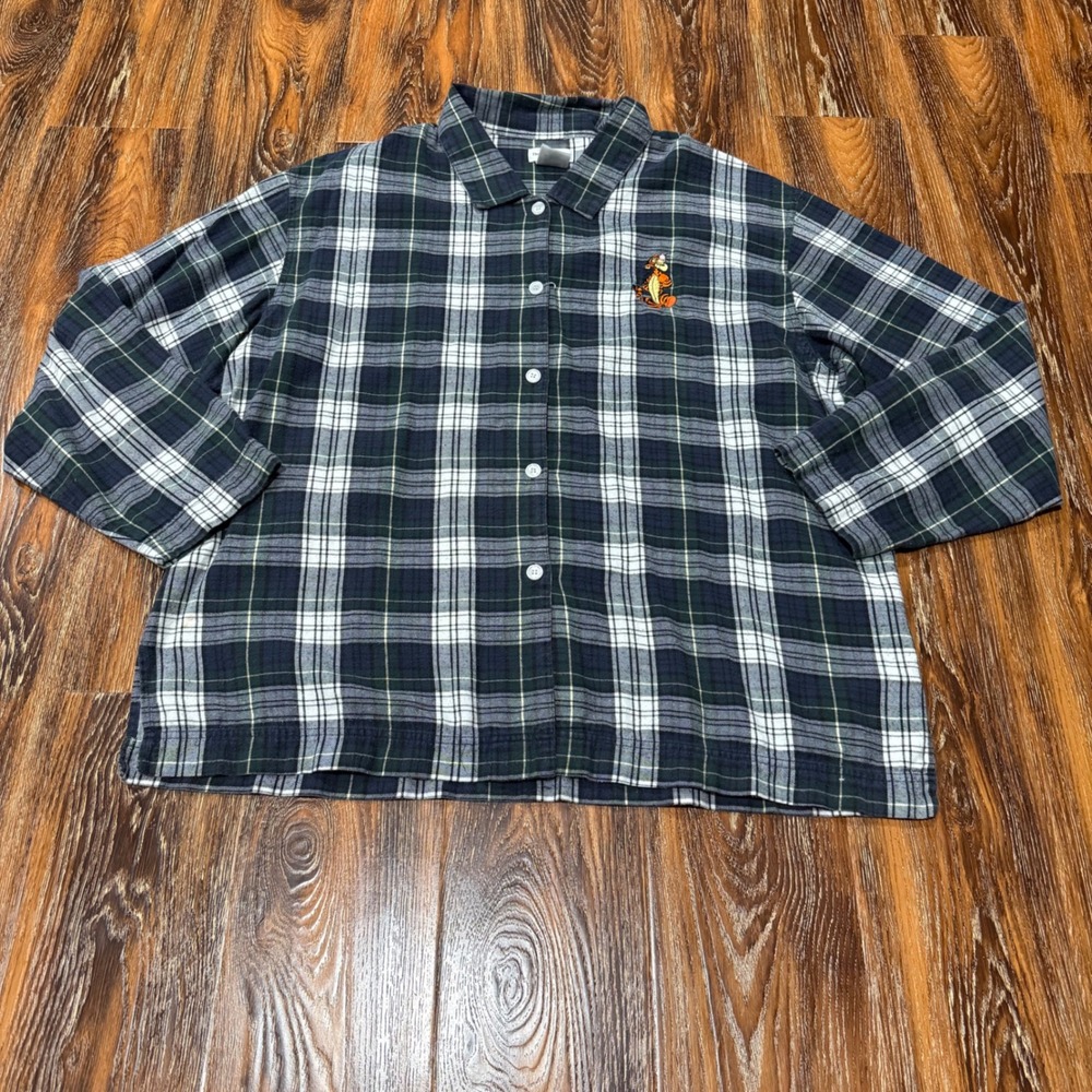 Vintage Disney Store Tigger Plaid Flannel Shirt Navy Green Cotton‎ XL Mens